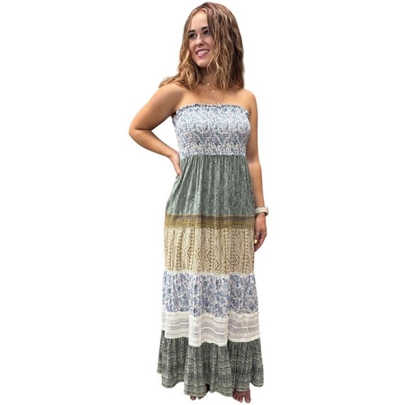 Angie Dresses & Skirts - NWT Angie Boho Strapless Patchwork Maxi Dress Bohemian Green, Olive, Jade,Cream
